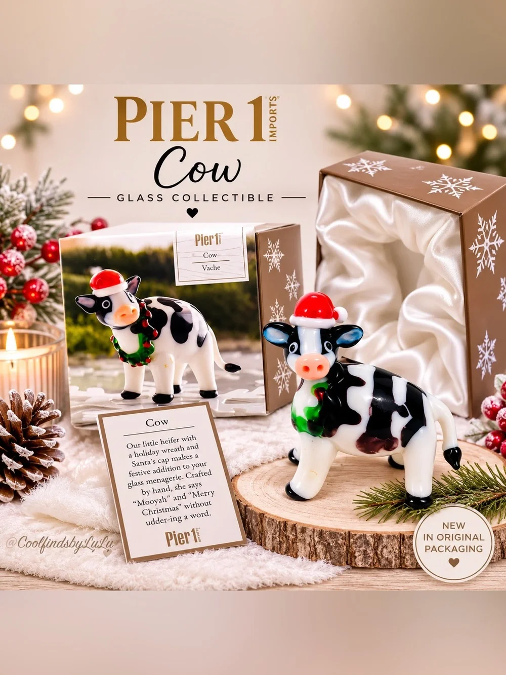 Pier 1 Black & White Festive Cow Figurine with Red Hat